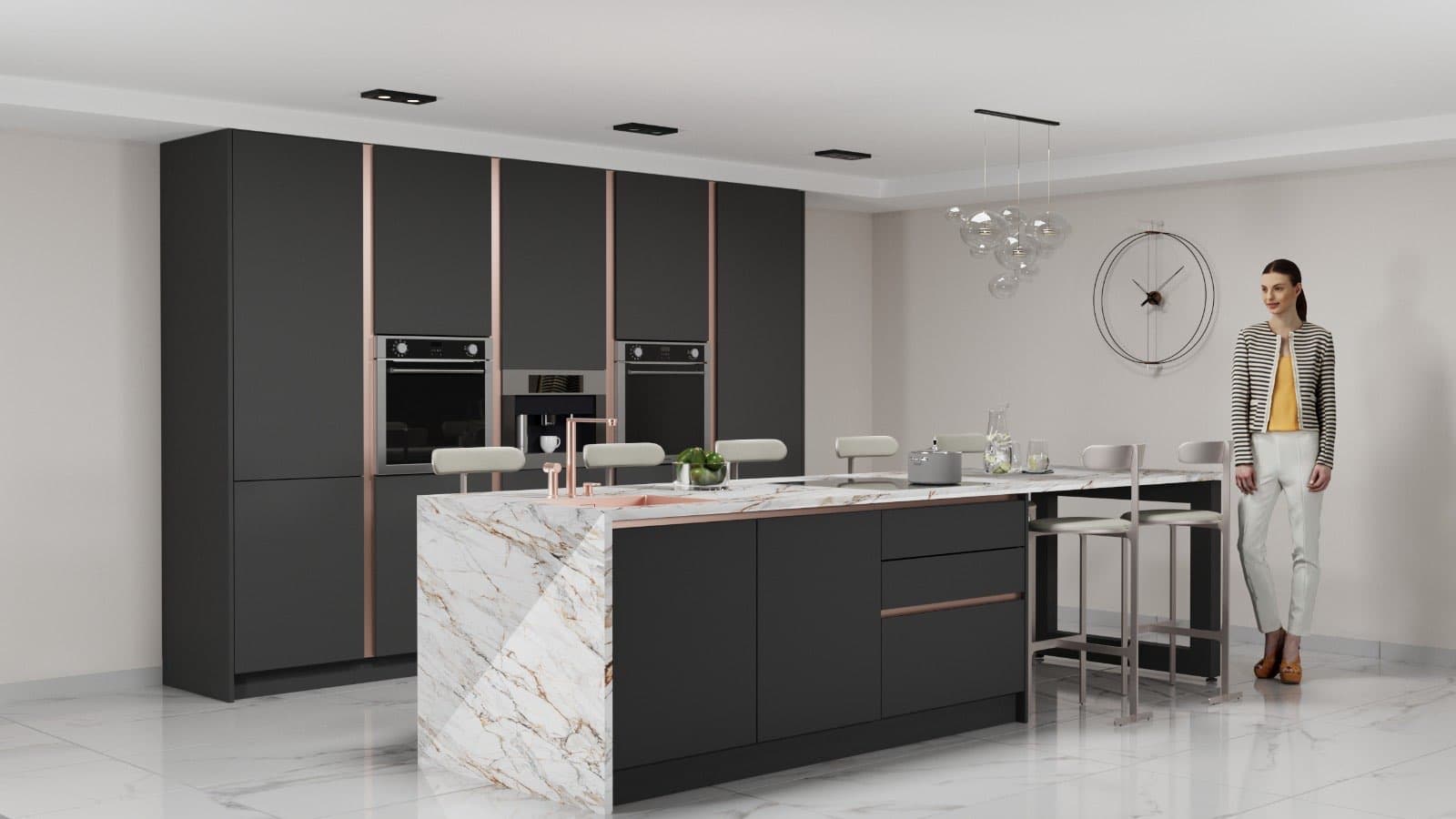 Keukenconcept — zwart & koper — render