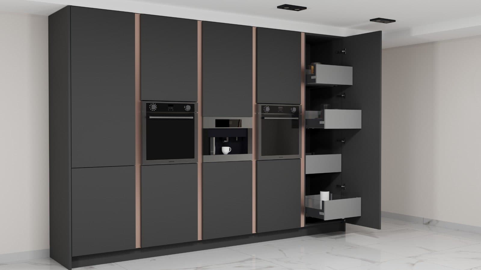 Keukenconcept — zwart & koper (detail) — render