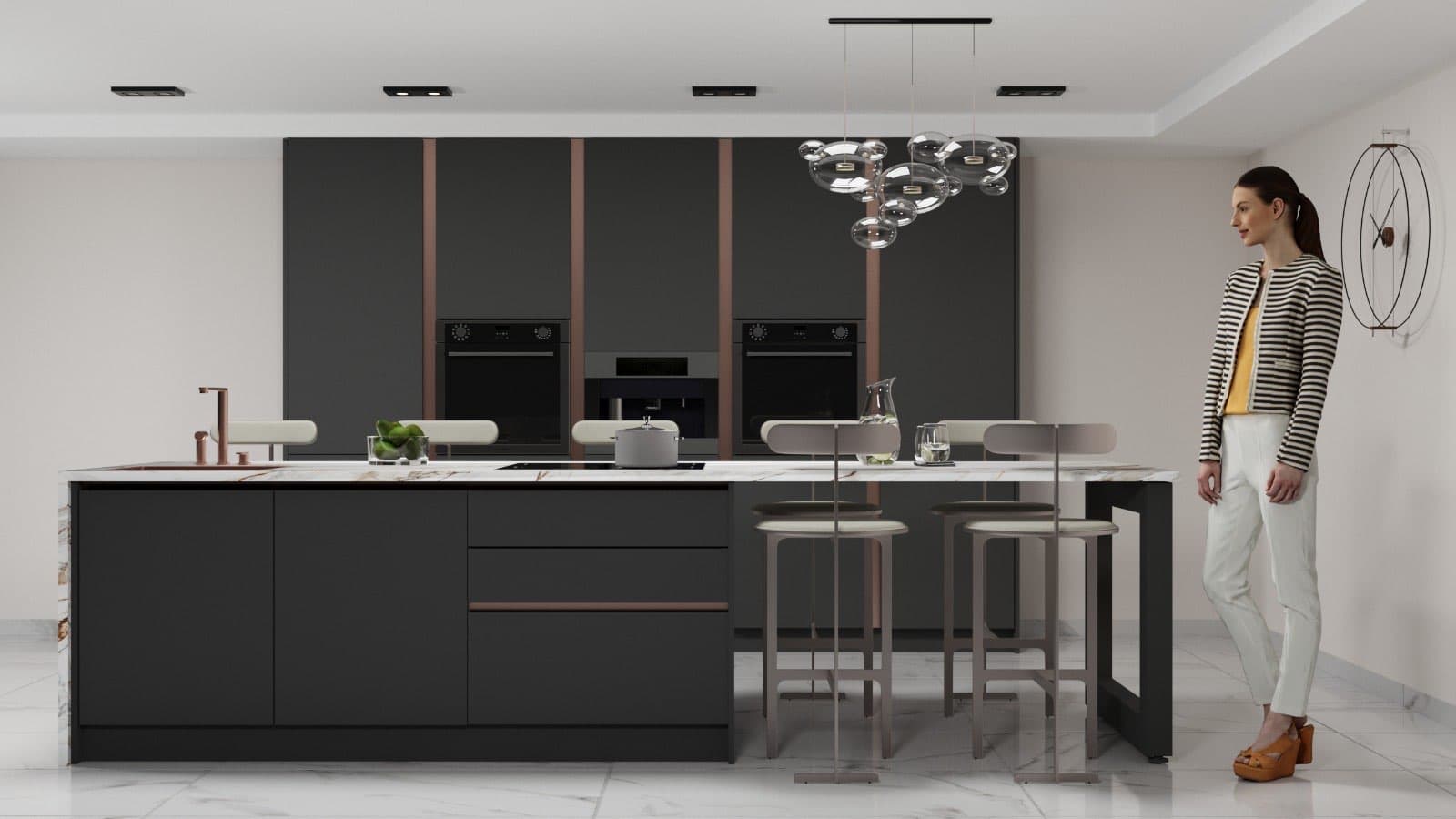 Keukenconcept — zwart & koper (island) — render